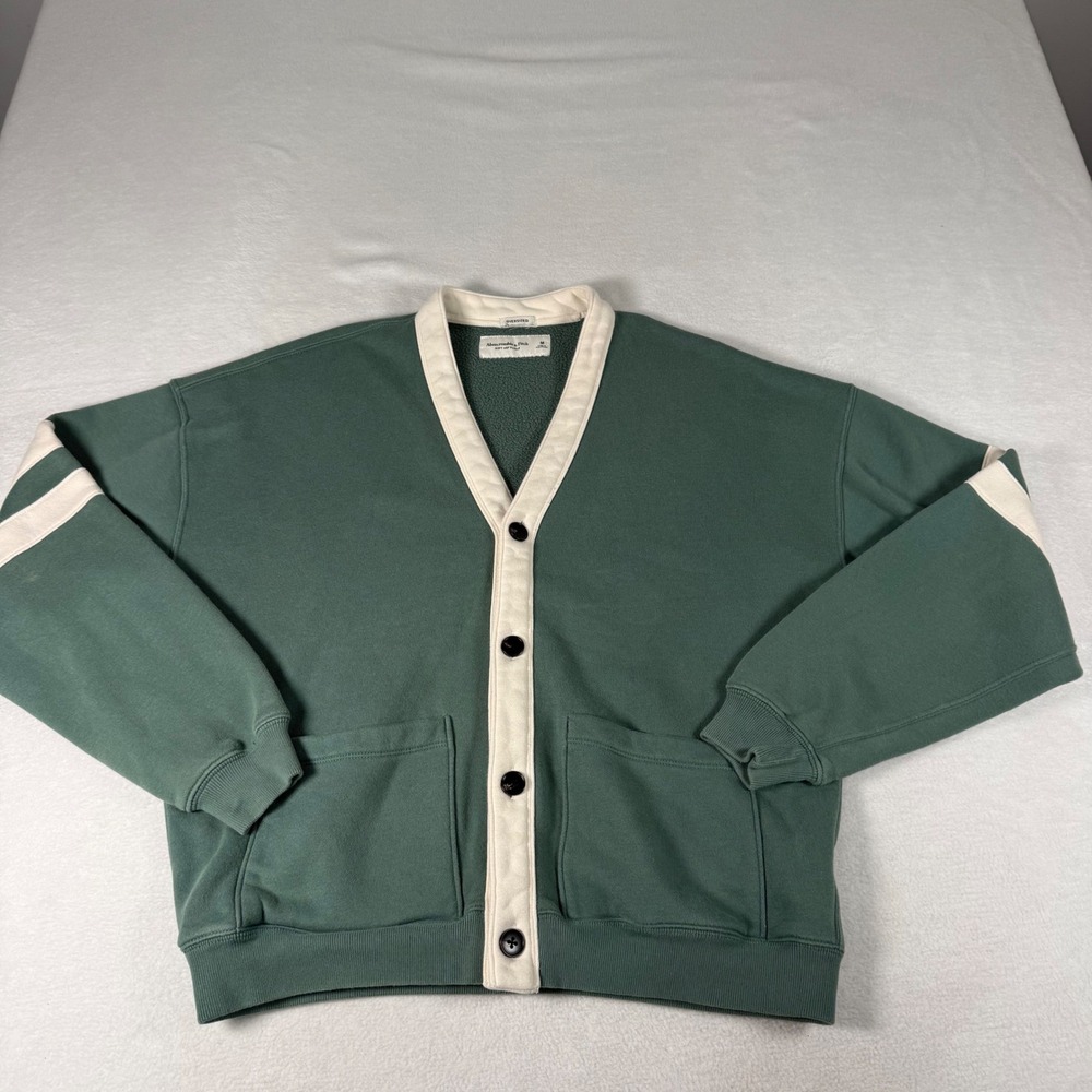 Abercrombie & Fitch Oversized Fleece Cardigan Mens Medium Green Varsity Preppy